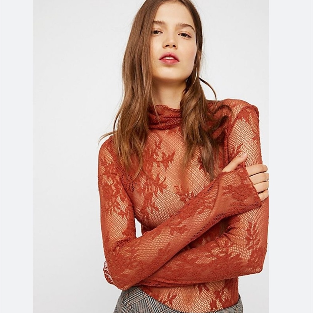 Free People burnt orange floral mesh turtleneck 🍂